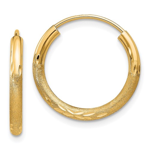 14k Yellow Gold 2mm Satin Diamond-cut Endless Hoop Earrings L-18 mm, W-18 mm - Picture 1 of 4