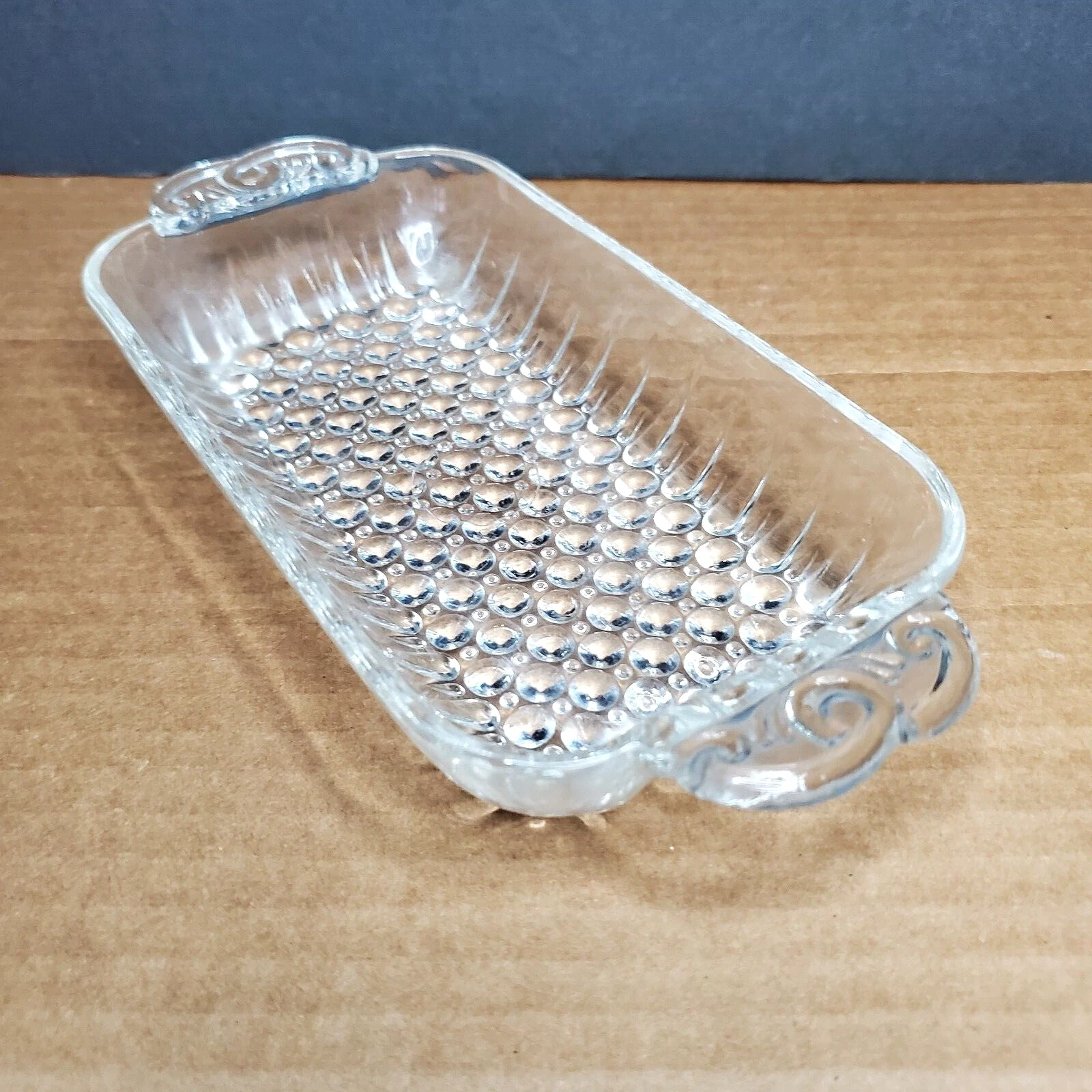 Anchor Hocking Hobnail and Ray Relish Dish Scroll Handled Glass Dish Elegant