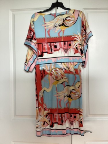 Emilio Pucci printed viscose silk dress size 8 bird pink blue pastel colors cape - Picture 5 of 8