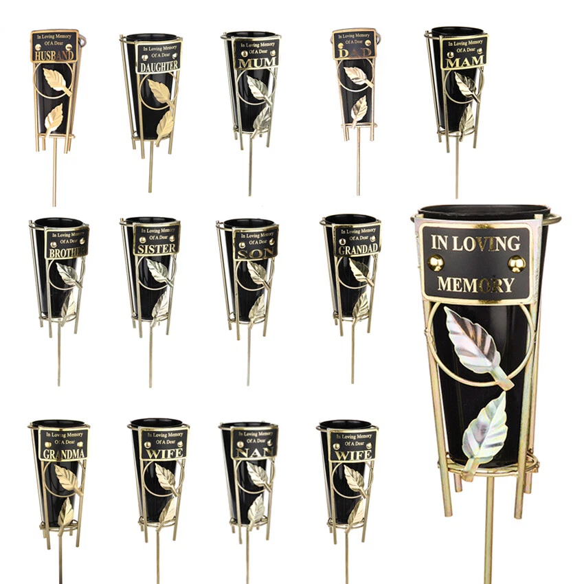 Gold Leaf Graveside Vase - Personalised Memorial Spike Flower Pot -15 Variations