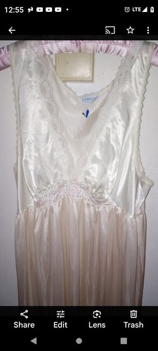 Camicia da notte vintage Lorena panna raso lucido nylon bordo pizzo taglia L lunghezza pavimento - Foto 2 di 10
