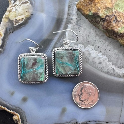 Sterling Southwestern Style Square Green Shattuckite Dangle Earrings For Women - Picture 8 of 10