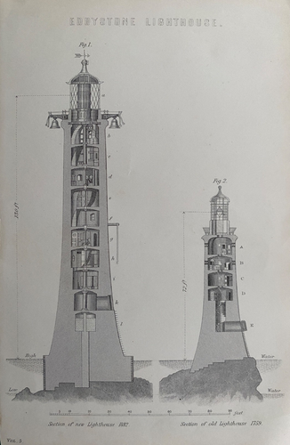 1882 Antique Print; Eddystone Lighthouses, old & new Sections, Cornwall - Picture 1 of 2