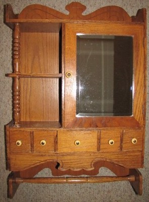 VINTAGE Rustic OAK 5 Drawer Mirrored APOTHECARY Medicine WALL CABINET 19x30