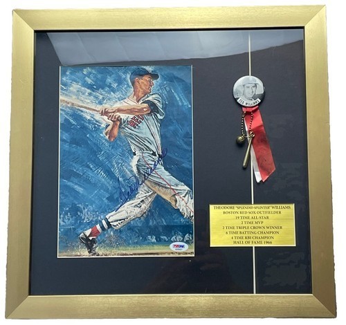 Ted Williams 17"x16,5" Autogramm PSA/DNA gerahmtes Foto mit 1950er Knopf und Charm