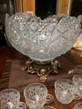 Vintage L.E. Smith Pressed Glass Daisy Button Punch Bowl With Ladle And 12 Cups