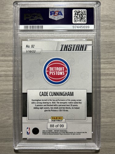 2021 Panini Instant Red Pistons Cade Cunningham Rookie #92 RC SP #/99 PSA 10 - Picture 2 of 2
