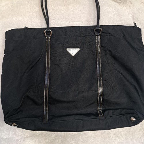 Borsa PRADA borsa tote a mano logo nero argento pelle tela autentica - Foto 12 di 24