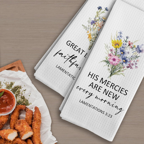Christian Floral Kitchen Towels Set with Lamentations 3:23 Bible Verse - Picture 3 of 12
