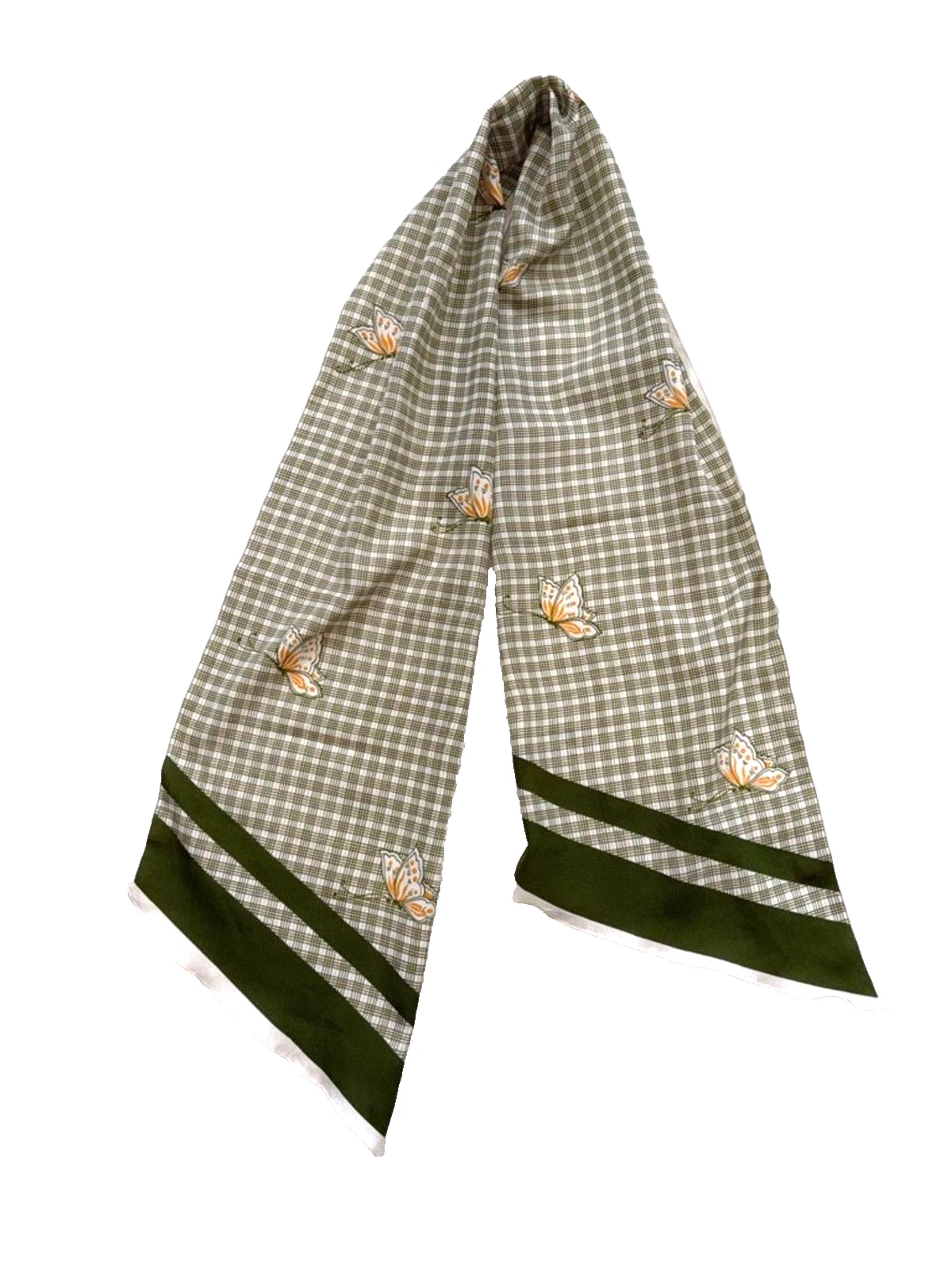 Vintage Italian Scarf Rectangle Butterfly Print Green Yellow Plaid Made in Italy