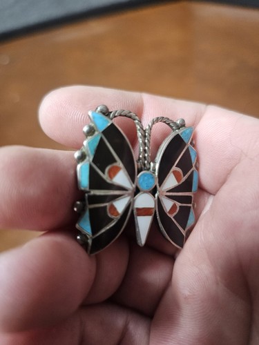 Vintage Zuni Made Silber Intarsien Schmetterling Pin Türkis Jet Koralle Perlmutt - Bild 4 von 6