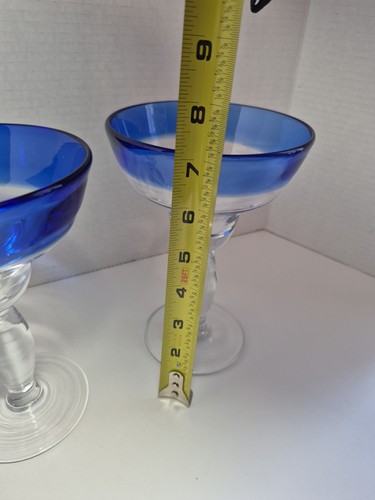Hand Blown Mexican Margarita Glasses Set Of 2 , 7 1/4 In. High Blue Rim NO CHIPS - Picture 5 of 10