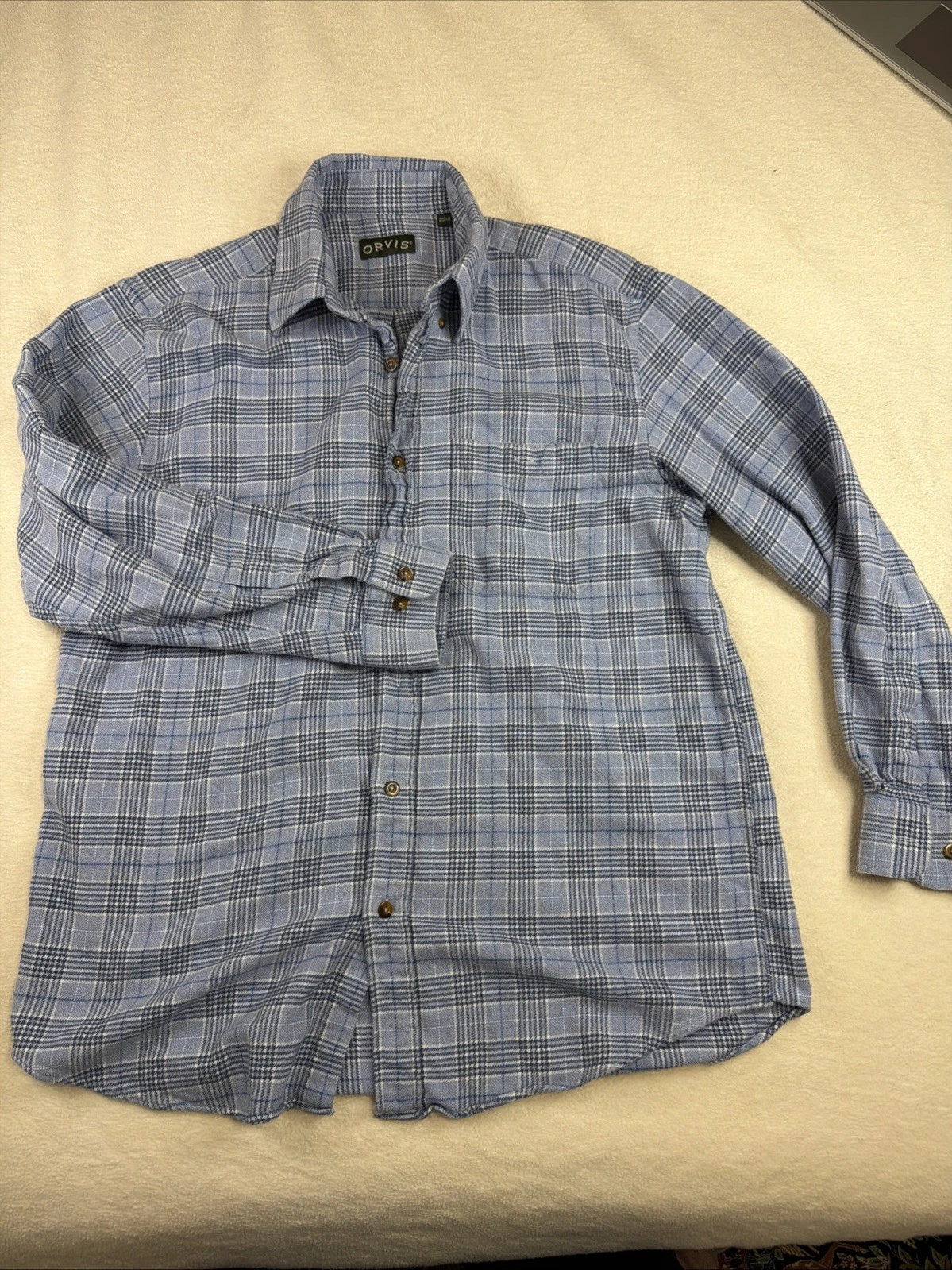 Orvis Blue Plaid Flannel Button Down Shirt Mens Large Outdoor Hiking