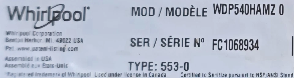 洗碗机 WHIRLPOOL DISHWASHER UPPER 顶部和底部 RACKS 系列 #WDP540HAMZ — 第 2/4 张图片