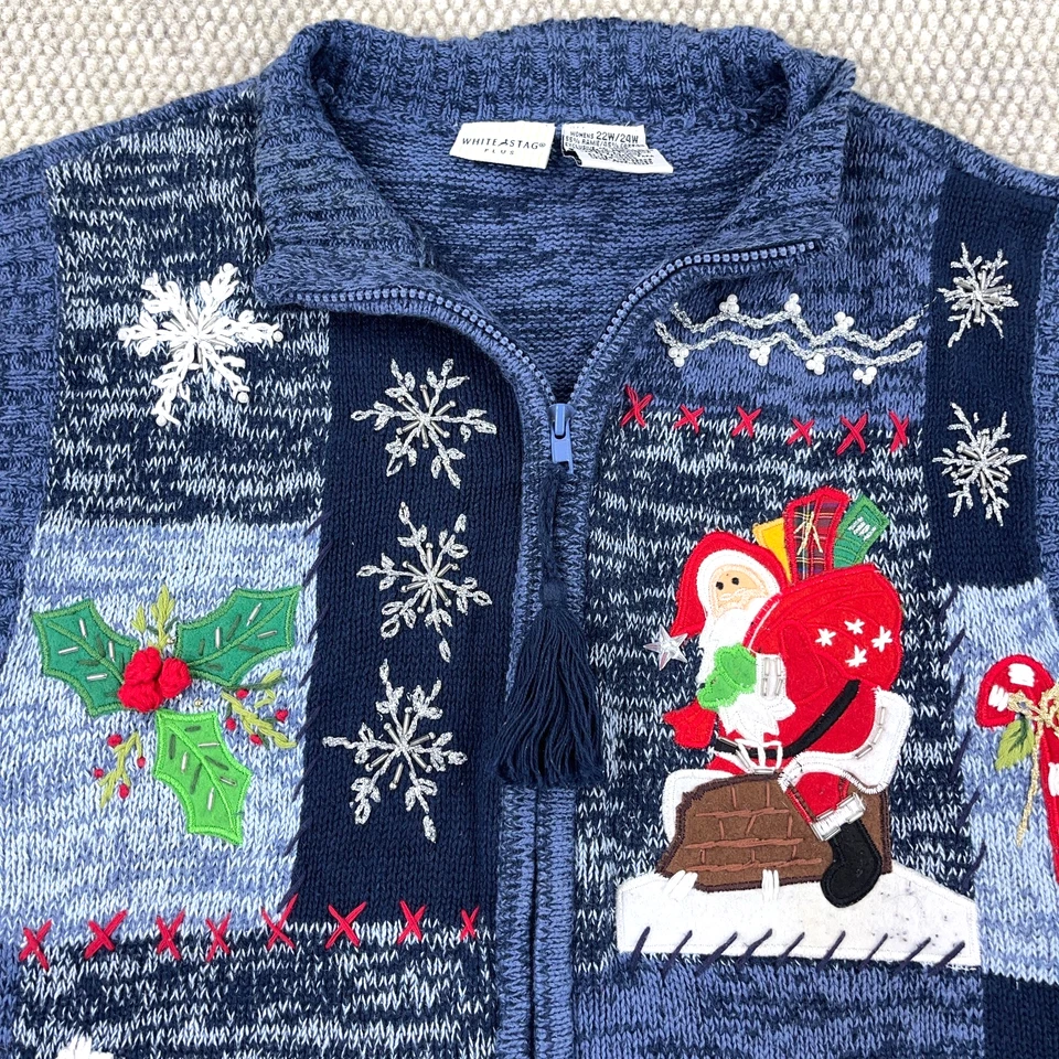 Chaleco Suéter Navidad Ciervo Blanco Mujeres 22W 24 W Cremallera Completa Tejido Papá Noel Retro Foto 2 de 4