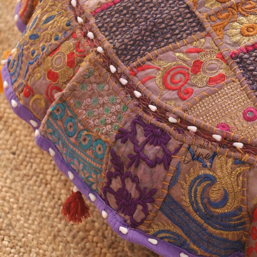 Large 32" Round Boho Patchwork Floor Pillow Cover Purple Tasselled Cushion Case - Picture 6 of 9