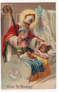 Postcard Christmas embossing card Santa Claus with doll next to sleeping child