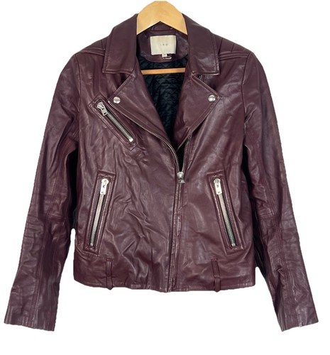 IRO Luiga Burgundy Lambskin Leather Moto Full Zip Biker Jacket Size 36/6 Small - Picture 1 of 9