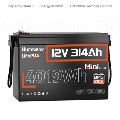 HUMSIENK Bluetooth 12V 300Ah 314Ah LiFePO4 Lithium Battery BMS Deep Cycles Solar Off-Grid