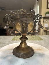 Antique Ornate Cast Pedestal Brass/Bronze Jardiniere/Planter Cherubs 9"