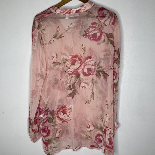 Camicetta Susan Graver donna grande rosa floreale trasparente manica lunga plissettata top - Foto 4 di 7