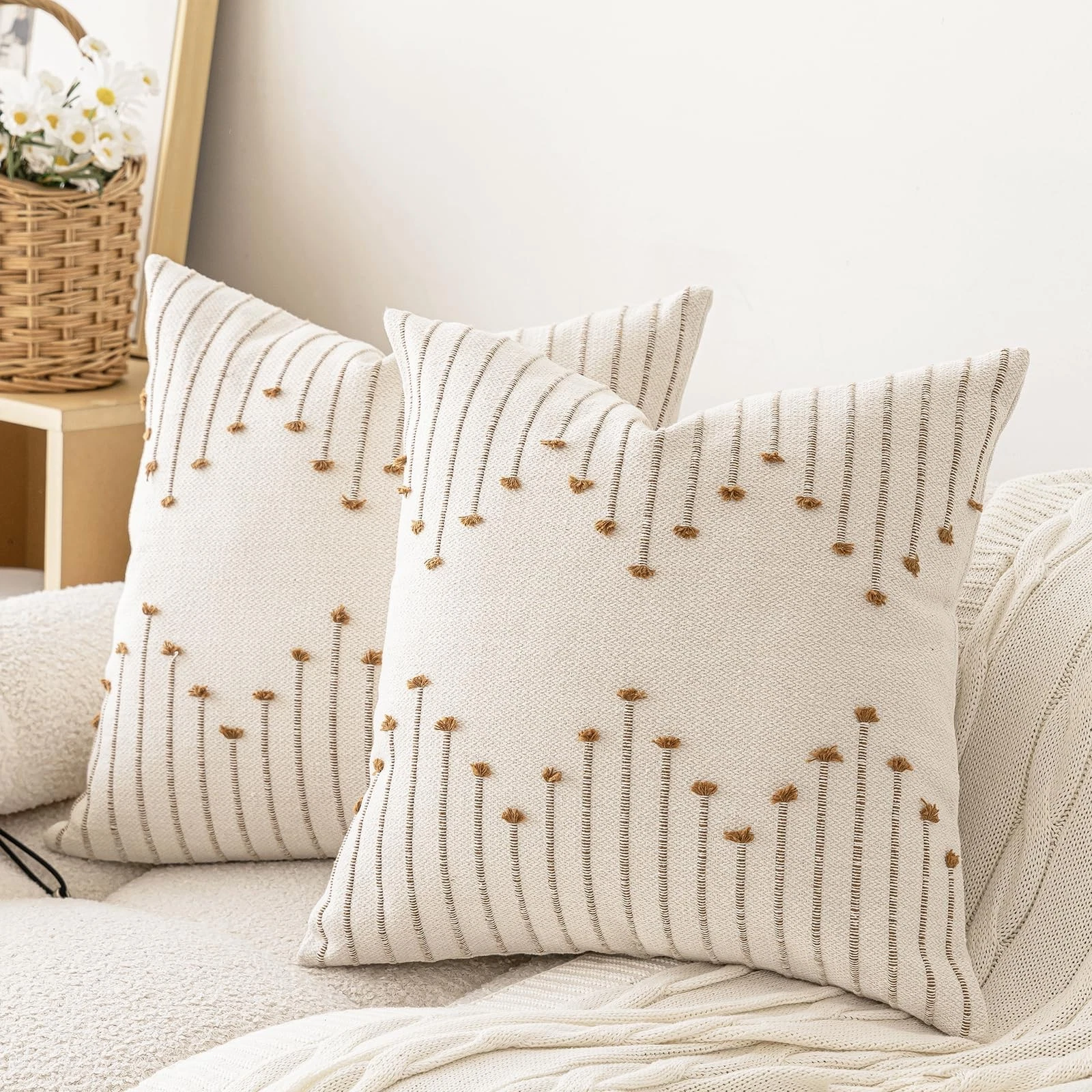 Boho Throw Pillow Covers 18x18 Set of 2 Neutral Decorative Textured Cushion C...