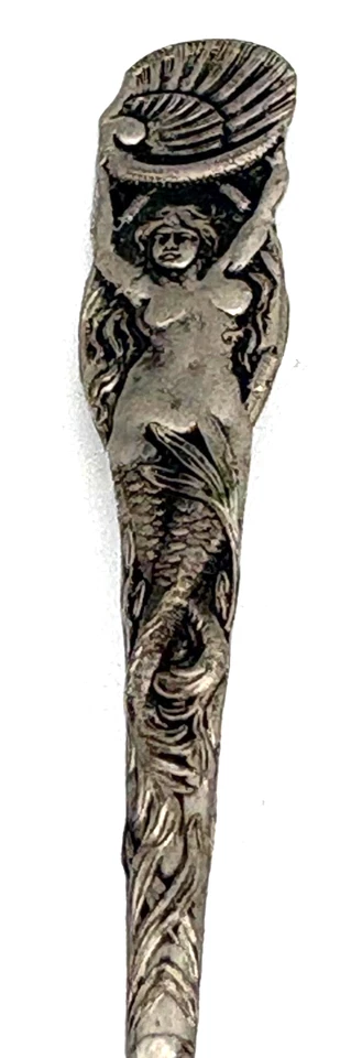 Antique Art Nouveau Sterling Silver Mermaid Spoon Painted Shell US Sterling Co - Image 2 of 4