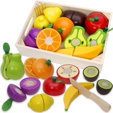 Wooden Play Food for Kids Kitchen Cutting Fruits Toys for Toddlers Pretend Ve...