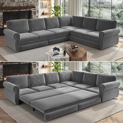 Sectional Sofa Couch, Oversized Chenille Sofa with Pull Out Sofa Bed for Livi...