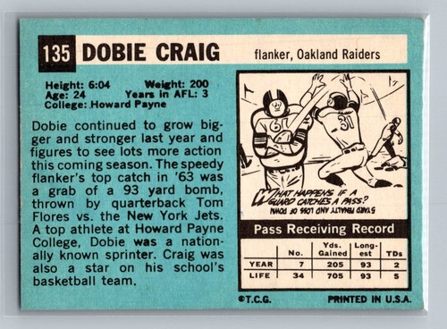 Scheda calcio Dobie Craig Oakland Raiders 1964 Topps #135 - Foto 2 di 2