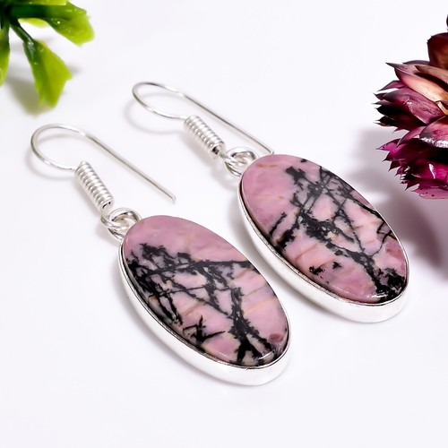 Rhodonite Gemstone Handmade Jewelry.925 Silver Plated Earrings 1.8" GSR-8918