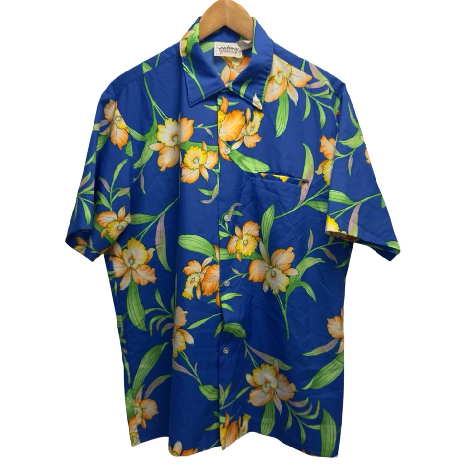 Malihini 复古 80 年代男式 L 码纽扣前蓝色花卉涤纶夏威夷衬衫 — 第 2/4 张图片