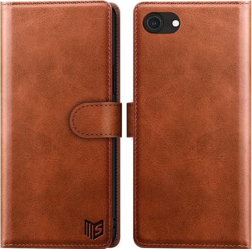 Brown Wallet Phone Case for iPhone 7/8/SE PU Leather RFID Blocking & Stand - New - Picture 1 of 5