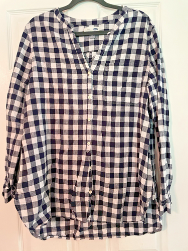 Old Navy Tunic Top Women’s XL Linen Blend Navy Blue Popover Checkered Gingham