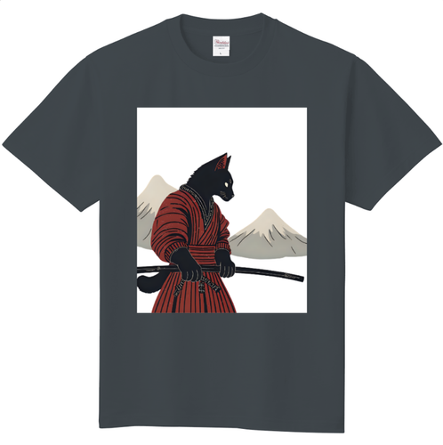 Samurai Black Cat T-Shirt – Japanese Art Style Warrior with Katana and Mountain - Picture 7 of 11
