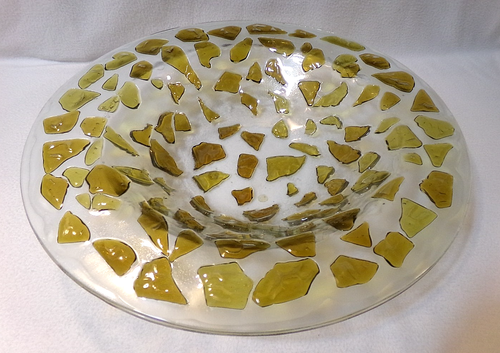 FLACHE SERVIERSCHALE - SCHWERES KLARGLAS EINGELASSEN mit TIEFGOLDGLAS "STEINE" - Bild 1 von 5