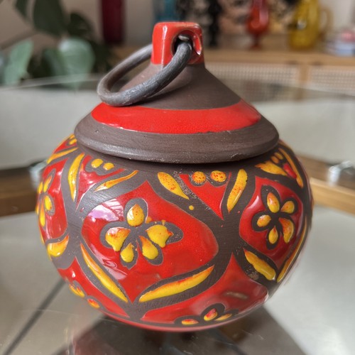 Italian Mid Century Ceramic Boxes Pair Red Yellow Floral Hand Painted Italy - Picture 12 of 24