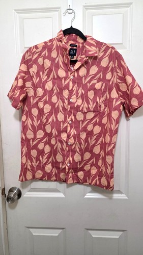 NWT GAP Men's XS Red & Beige Floral Linen Short Sleeve Button-Up Shirt With Poc - Picture 2 of 6