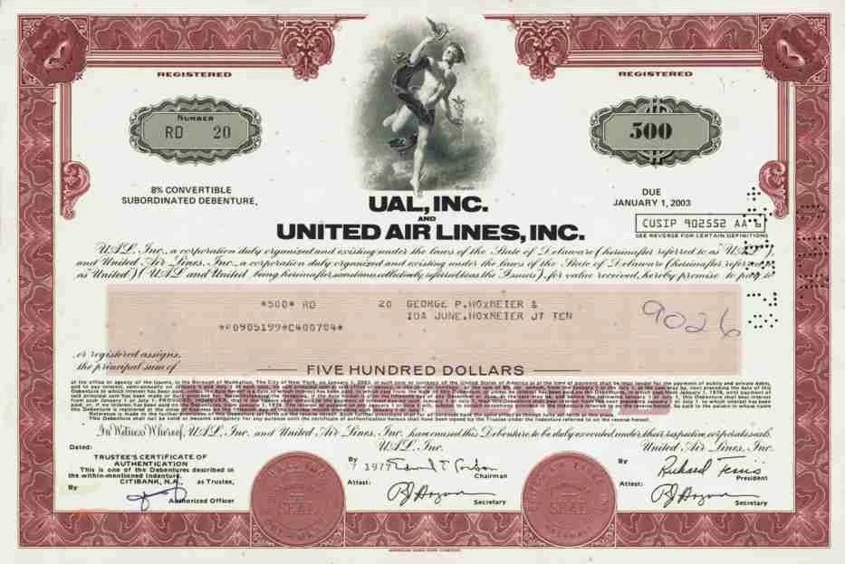 United Airlines UAL 1977/1978 Chicago Illinois Lufthansa Boeing Debenture 500 $ - Bild 1 von 1