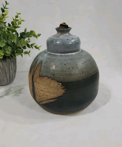 Handgeworfene Kunstkeramik Öllampe Jepson blau beige grau primativ Boho signiert - Bild 3 von 16
