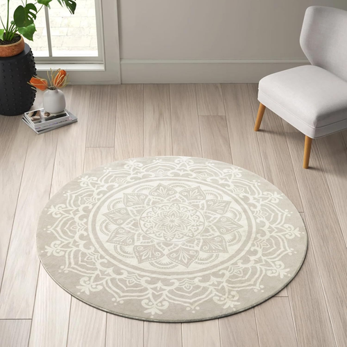 2' Small round Area Rug 24In Grey Ivory Boho Mandala Print Circle Rugs Non-Slip