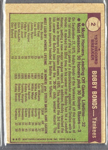 1976 Topps ~ Bobby Bonds Record Breaker 2 *Tarjeta real **Gratis el mismo día ***BOGO - Imagen 2 de 2