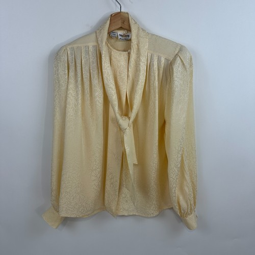 Oleg Cassini Silk Satin Ivory Blouse Bow Tie Victorian sz 6 Pleated Retro VTG - Picture 4 of 16