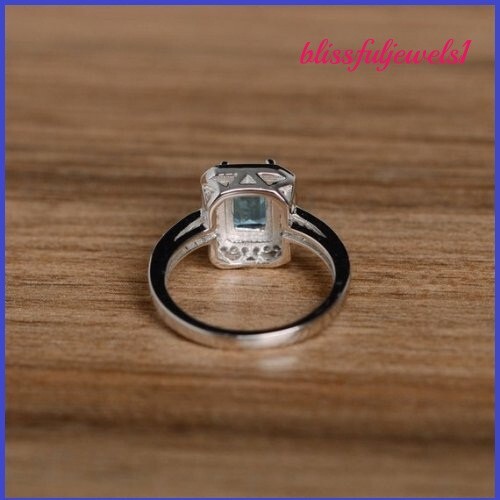1.5CT Emerald Cut Real Aquamarine Engagement Wedding Halo Ring 14K White Gold FN - Picture 2 of 6