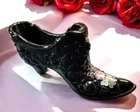 Fenton Glass BLACK SHOE Hand painted Rose Design Toe and Back Gold Accents