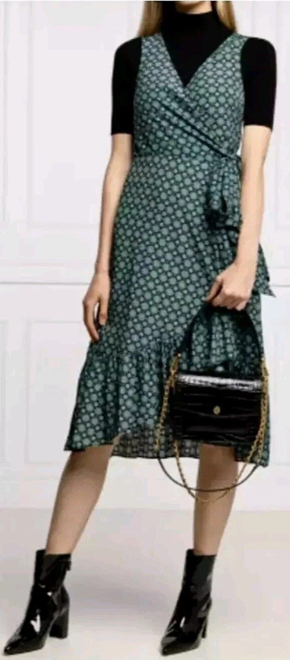 Abito Tory Burch arricciato midi avvolgente nero medaglione batik taglia 8 #D5029