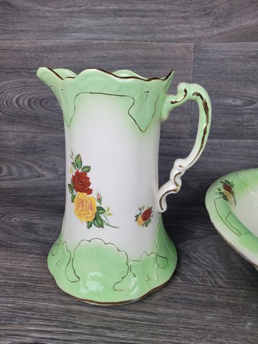 Vintage Wash Basin 15 1/2" diameter & Pitcher Floral green Gold Accents 11" Tall - Picture 4 of 12