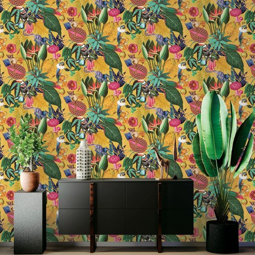 Papel pintado tropical Wonderland Ocre Holden 91190 coloridos animales flores - Imagen 2 de 3