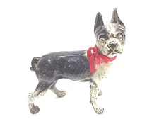 CAST IRON VTG BOSTON TERRIER DOG DOORSTOP DOOR STOP FIGURINE SCULPTURE B/W 2PART
