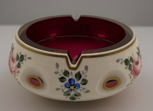 Vtg Handgemalt Ashtray Dish Cranberry Glass Hand Painted Floral Design